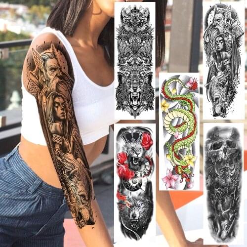 Cruel Lion Wolf Beast Tattoos Temporary Full Arm Warrior Knight Fake Tattoo Sticker For Men Women Body Art 3D Dragon Tatoo Paper