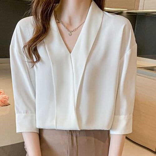 2021 Summer V-neck Five-sleeve Chiffon Shirt Womens Fashion Black Top Ladies Dropshipping White Blusas Female V-Neck Solid 0169