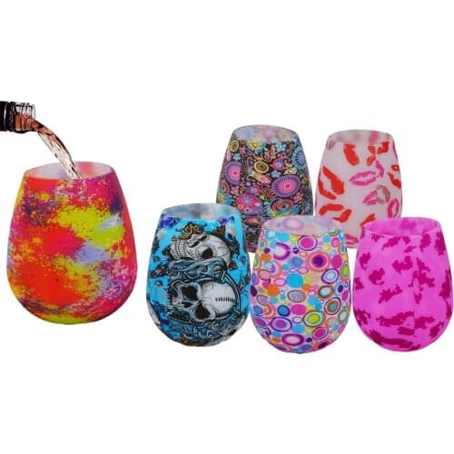 4PCS Wareset Unbreakable Silicone Wine Glasses BPA-Free Portable Printed Outdoor Water Cup For Travel Picnic Pool Boat Camping