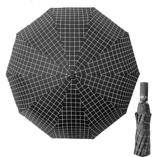 Black White Checked Automatic Man Womens Folding Umbrella Windproof Black Coating 10K Strong Sunshade Umbrellas