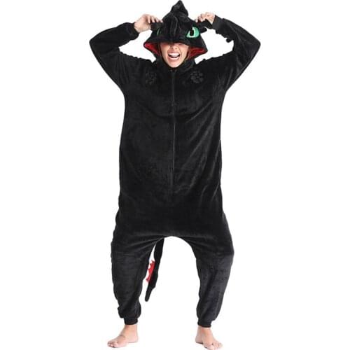 Toothless Dragon Kugurumis Black Onesie Adult Unisex Flannel Pajama Anime Train Your Night Fury Sleepwear Home Wear Zipper Suit