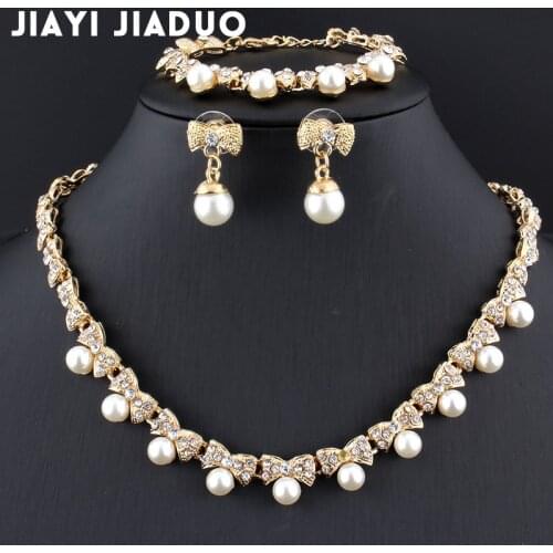 Jiayijiaduo Imitation Pearl Gold-color Jewelry Sets for Womens Bridal Wedding Accessories Necklace Earrings Bracelet Gift Party