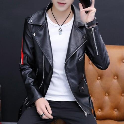 Faux Leather Mens Moto Biker Jacket Striped Patchwork Coat Slim Fit Handsome Jackets Black White Coats A39