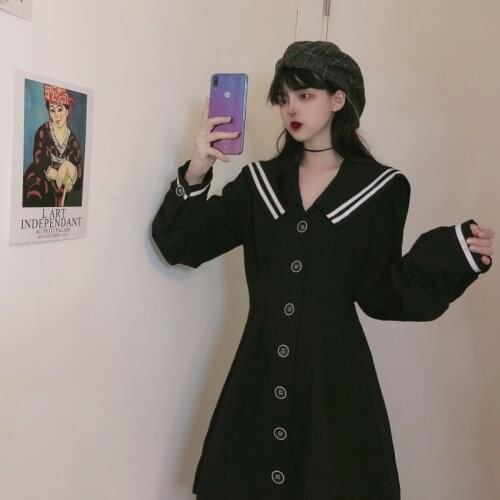 Summer Dress Women Sweet Lovely Loose Casual Long-sleeved High Waist Mini Dress Preppy Style A-Line Solid Sailor Collar Dresses