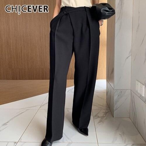 CHICEVER Summer Elegant Solid Women Pant High Waist Irregular Button Fly Pockets Pleated Slim Regular Female Straight Pants 2020