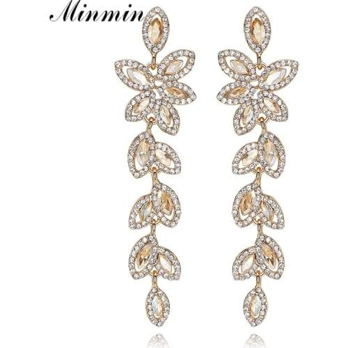 Minmin Charm Champagne Crystal Wedding Earrings for Women Leaf Bridal Long Earrings Engagement Jewelry Accessories EH282