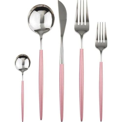 4set/6set/10set Pink Silver Cutlery Set 304 Stainless Steel Dinnerware Set Mirror Tableware Set Flatware Set Dessert Fork