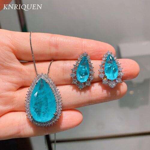 2021 Unique Water Drop Paraiba Tourmaline Aquamarine Lab Diamonds Earrings Pendant Necklace Wedding Fine Jewelry Sets for Women