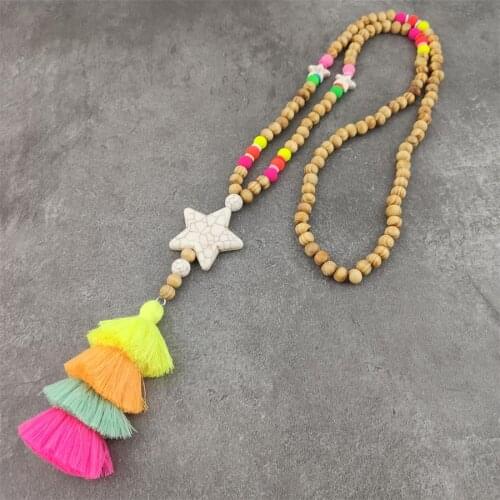 New Bohemian Necklace Handmade Star Stones Tassels Wood Beads Necklace Long Women Jewelry Gifts
