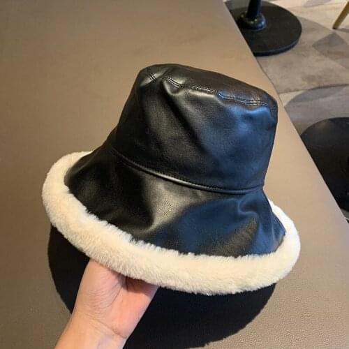 2021 Autumn Winter Bucket Hats Women PU Leather Panama Hat Thick Warm Plush Fisherman Cap For Girl Crimping Basin Hat