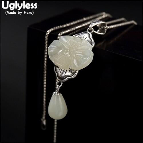 Uglyless Real Solid 925 Sterling Silver Handmade Floral Pendants for Women Natural Jade Water Drop Tassel Necklaces NO Chains
