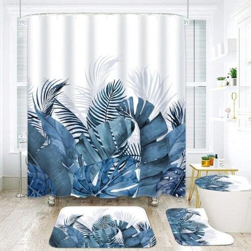 Blue Shower Curtain Nature Waterproof Fabric Bathroom Curtain Set 3D Plant Shower Curtain Non-Slip Rug Toilet Lid Cover Bath Mat