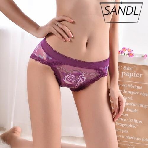 SANDL Womens Sexy Cotton Underwear Panties High Fit Female Mid-Waist Lace Briefs Translucent Underpants Lingerie Floral Pattern