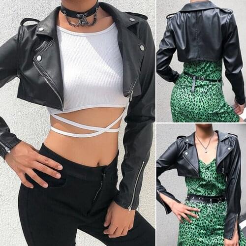 Street Motorcycle Faux Leather Jacket Women Zipper Cropped Jacket Coat Outerwear Autumn Basic Jackets Ladies Cardigan