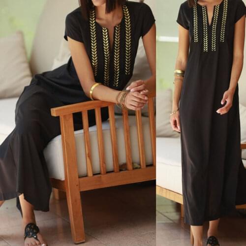 2020 Golden Embroidered Black Cotton Tunic Women Beachwear Kaftan Sexy V-Neck Butterfly Sleeve Summer Dress Beach CoverUp