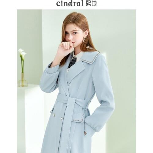 Spring 2021 Blue Windbreaker Womens Medium Length Big Lapel Temperament Waist Tie Age Reducing Coat