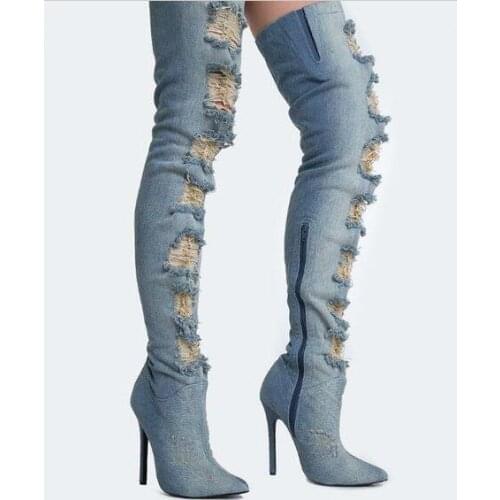 Spring Hot Women Over The Knee Denim Boots Sexy Point Toe Lace Holes Ladies High Heel Boots Female Dress Boots Knight Boots