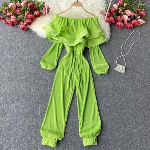 Women Jumpsuits Ruffle Off Shoulder Bodysuits Fashion Puff Long Sleeve Slim Waist Straight Pants Pleated Elegant Rompers