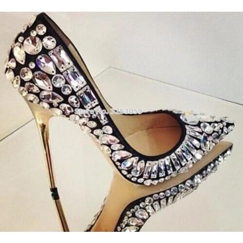 ALMUDENA Women Bling Bling String Beaded Wedding Shoes Silver Black Pointed Toe Banquet Party Shoes Glittering Dress Pumps