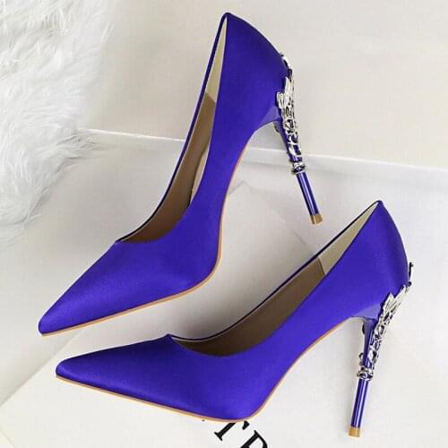 2020 Metal Carving 10cm High Heels Shoes Woman Pointed Toe Silk Pumps Formal Wedding Satin Scarpin Lady Green Yellow Blue Shoes