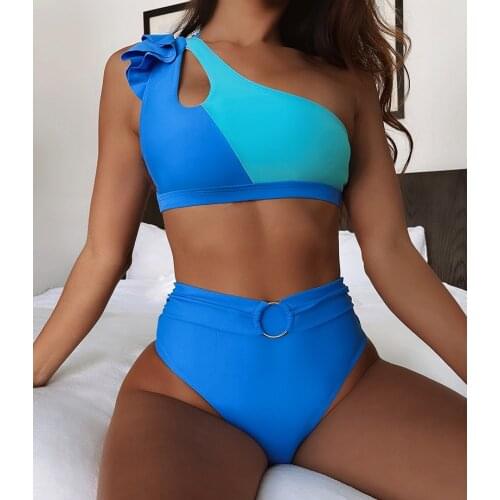 Sexy Splicing Ruffled One Shoulder Female Swimsuit High Waist Bikini Women Swimwear Two-pieces Bikini set Bathing Suit Swim