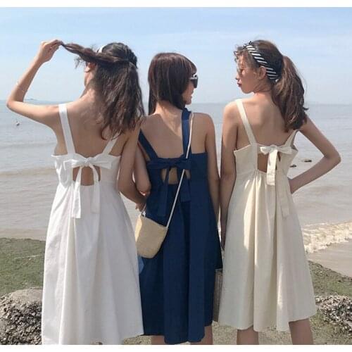 Summer new womens Korean version of fresh and loose sweet bow Long Spaghetti Strap casual sexy Dress