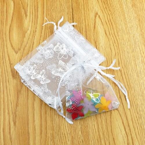 100pcs 9*12cm White Organza bags Butterfly Pattern Drawstring Bags Organza Gift Bags &Pouches Free Shipping