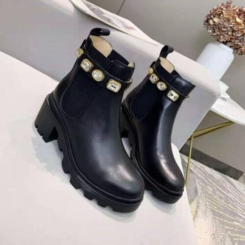 2021Luxury Black Ankle Boots Women Thick Heel Fashion Leather Shoes Rhinestone Chelsea Boots Thick Bottom Nude Color Short Boots
