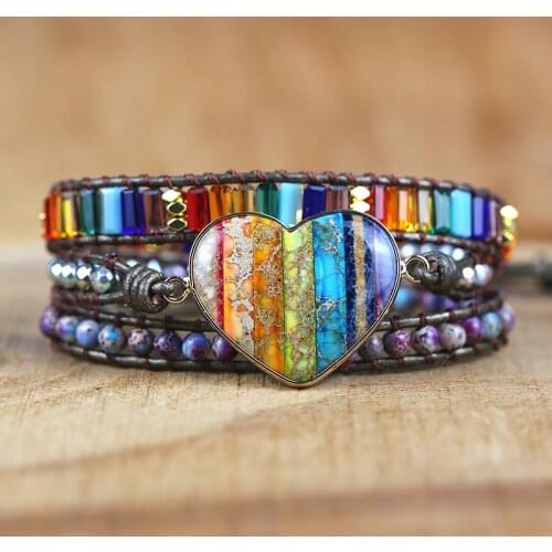 2021Mixed Natural Stones 7 Chakra heart shape Charm yoga Wrap Bracelets Handmade energy friendship jewelry drop shipping