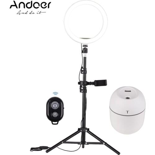Andoer 10" 3200-5600K LED Video Ring Light Photography Lamp 3 Light Modes Dimmable USB Powered with Light Stand Remote Control