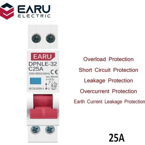 25A 18MM Mini 230V 50/60Hz RCBO 1P+N 6KA Residual Current Differential Automatic Circuit Breaker Over Current Leakage Protection