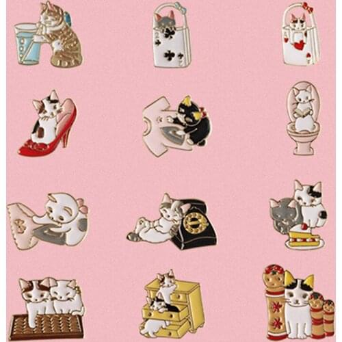 Free shipping 12PCS/ lot bag shirts jean accessories metal enamel kitty cat brooch pin badge