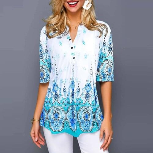 Women Plus Size 5XL Shirt Blouse Summer Button V-Neck Short Sleeve Print Tops Loose Large Size Boho Blouse Tee blusas mujer топ