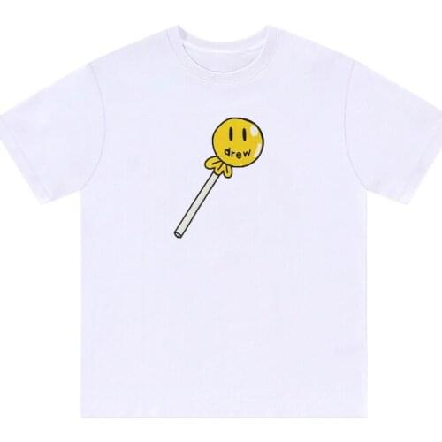 DREW T Shirt Summer 100% Cotton Men O-neck T-shirt Male Womens tshirt Short Sleeve High Quality Tops JUSTIN Smiley Lollipop