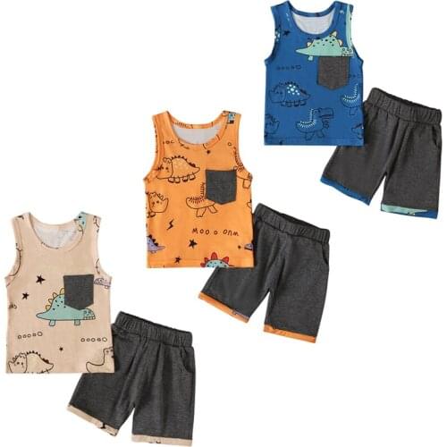 FOCUSNORM 3 Colors Summer Casual Baby Boys Clothes Sets Cartoon Dinosaur Printed Sleeveless Vest Tops Shorts 0-3Y