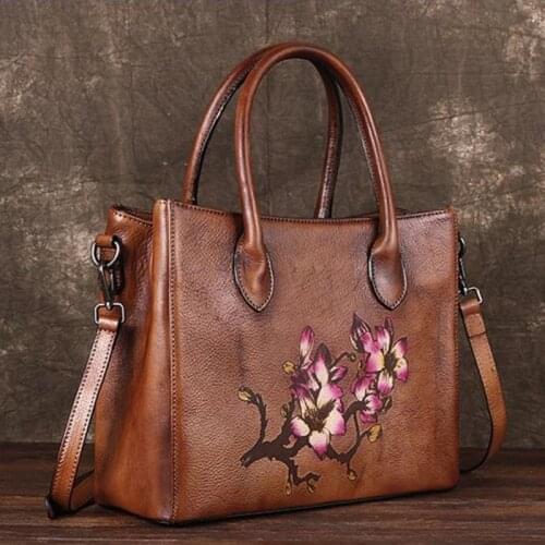 GAGACIA Hand Painted Genuine Leather Women Top-handle Bag For Woman Vintage Embossed Chinese Shoulder Bag Female Retro Bags New