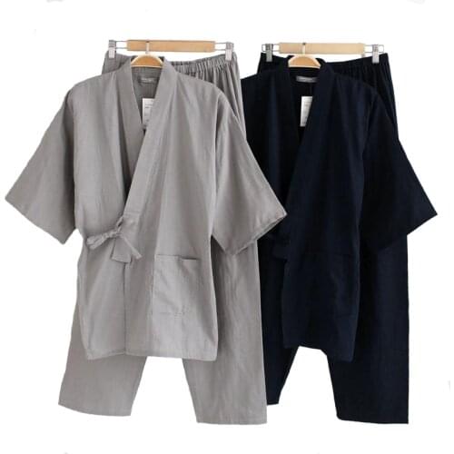 Mens Cotton Kimono Sleepwear Set New Style 2Pcs Robe&Pants Home Wear Long Loose Pajamas Suit Solid Nightwear With Pocket