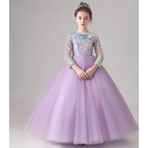 Flower Girl Dress Illusion O-Neck Sequined Princess Floor-Length Tulle Lace Full Luxury Purple Elegant Cute Kids Party Gown H235