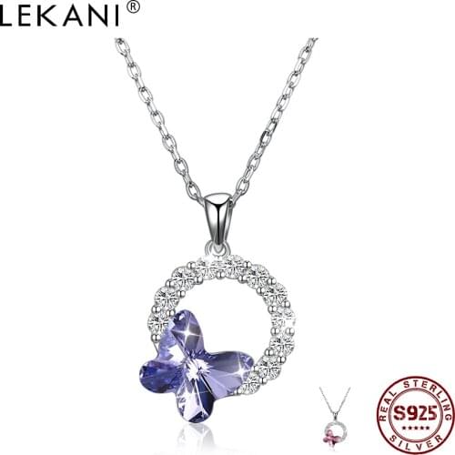 LEKANI 925 Sterling Silver Pendant Necklaces Butterfly Romantic Round Austria Crystal And Clear Cubic Zirconia Female Necklace