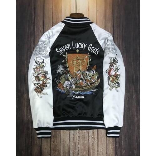 Mens Satin Embroidery Souvenir Flight Jacket Japanese Sukajan Double Wear Slim Fit Seven Lucky Gods Words New Boys 2020 New