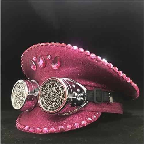New Women Fashion Pink Police Hat With Metal Classes Performance Military Hat Captain Hat 3 Size