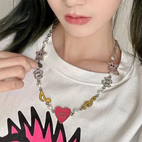 Origin Summer Trendy Multicolor Enamel Choker Necklace for Women Bling Rhinestones Music Note Star Love Heart Pendant Necklaces