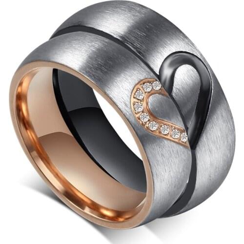 Lovers Alliance Couple Wedding Rings For Men And Women fashion heart shaped black rose gold finger ring jewelry Stainless Steel