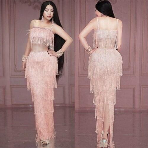 Pink Tassels Rhinestones Spandex Sling Long Dress Fashion Birthday Celebrate Fringe Dresses Dance Singer Concert Stage Dress New