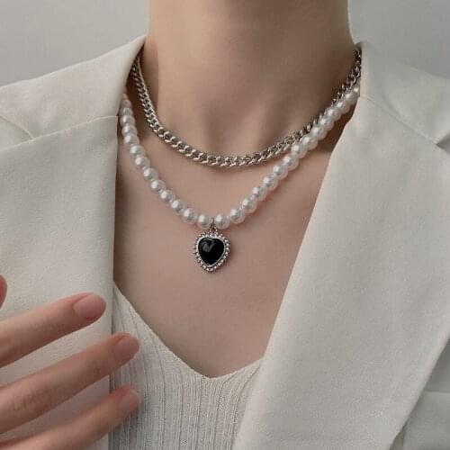 VSnow Hiphop Double-Layer Love Heart Beaded Simulation Pearl Pendant Necklace for Women Chunky Chain Rhinestone Necklace Jewelry