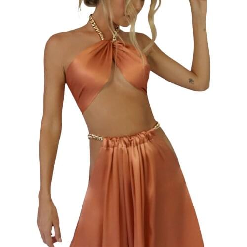 Female Camisole, Solid Color Halter Neck Vest Sleeveless Crop Tops with Metal Strap for Summer, Black/Coral Pink/Champagne