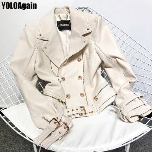 YOLOAgain women genuine leather jacket office ladies double breasted zipper real leather jacket