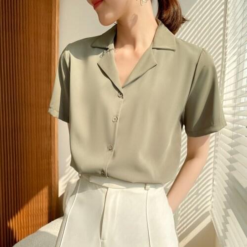Women Blouses 2021 Summer Shirts Retro Casual Solid Suit Collar Short Sleeve Office Lady Buttons Tops Clothing Female Blusas