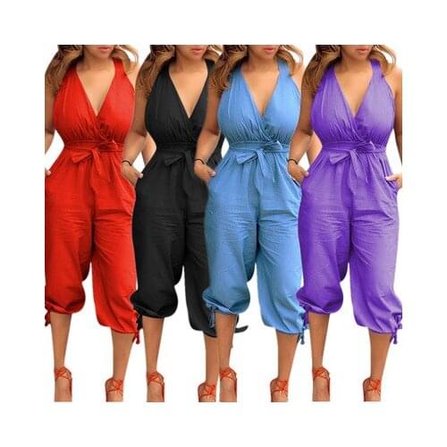Women Summer Jumpsuits and Rompers Sexy V-neck Halter Bandage Playsuits Plus Size Loose Bodysuits