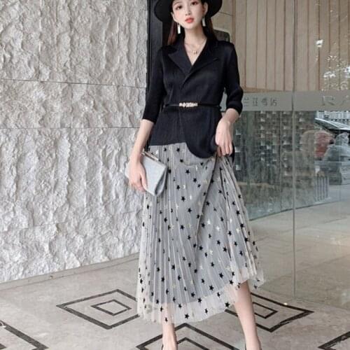 Office Ladies 2021 Summer Pleated Dresses Half Sleeve Elegant Women Jacket Blazer and Dot Mesh Skirts Two Piece Set